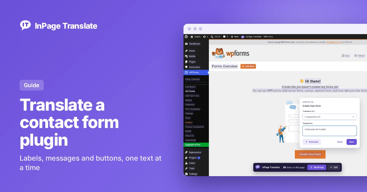 WPForms screen in WordPress with the InPage Translate editor open and a French translation typed in