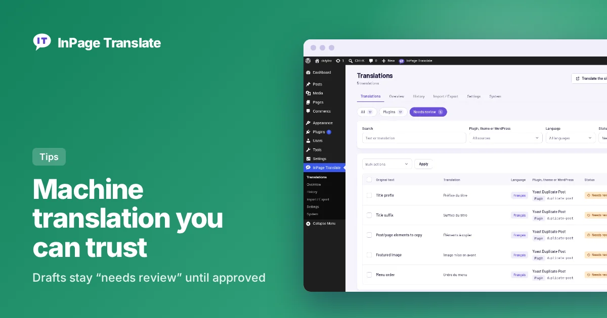 InPage Translate screen listing machine translated drafts marked Needs review, with Approve and Edit actions
