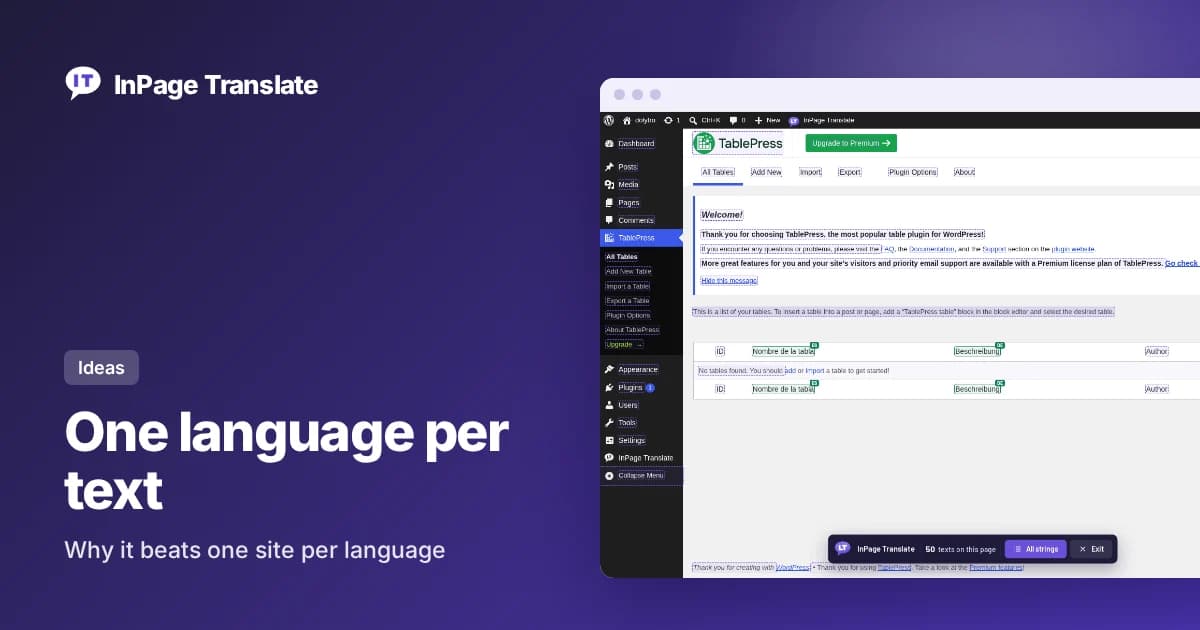 TablePress admin screen translated into Spanish, German and French on one page with InPage Translate