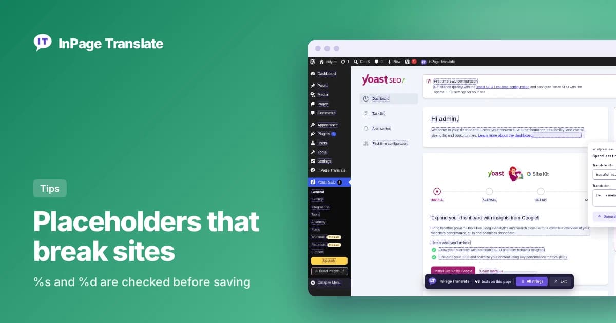 InPage Translate editor open on a Yoast SEO text in WordPress, with a Spanish translation typed in