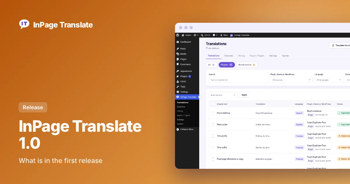 InPage Translate Translations screen in WordPress listing every translated text by plugin, language and status