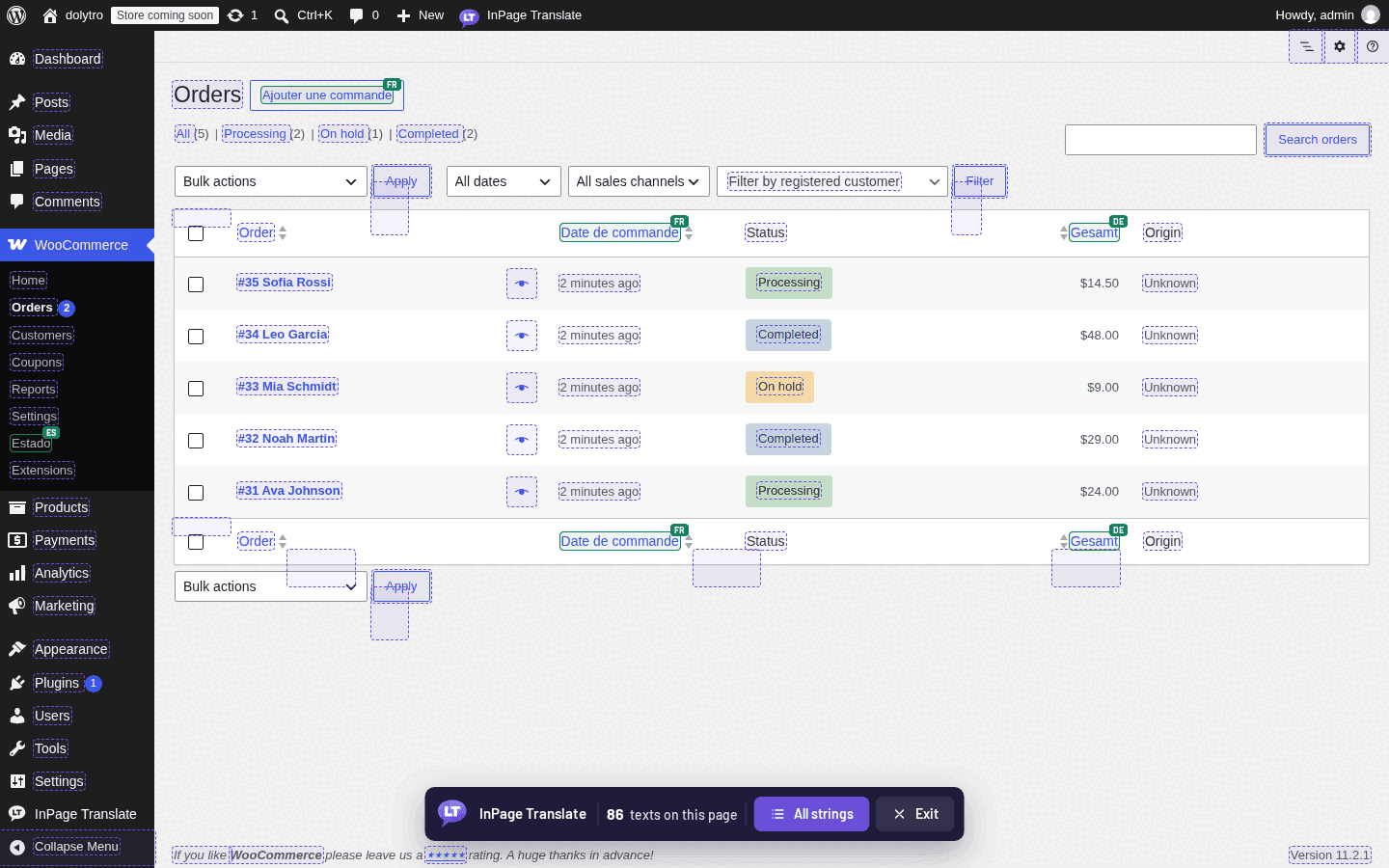 Real WooCommerce admin screen (Orders) with InPage Translate turned on