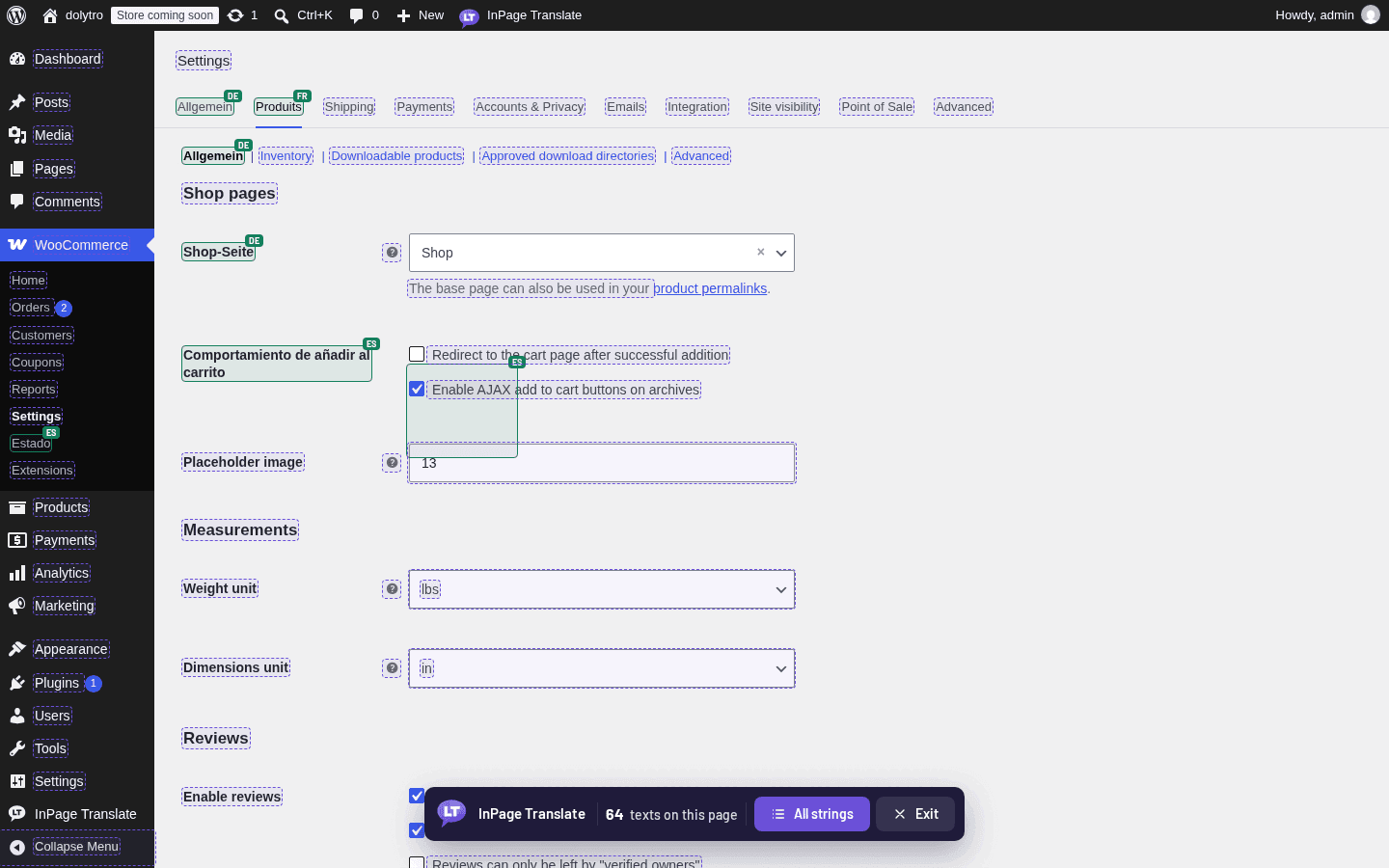 Real WooCommerce admin screen (Products tab) with InPage Translate turned on