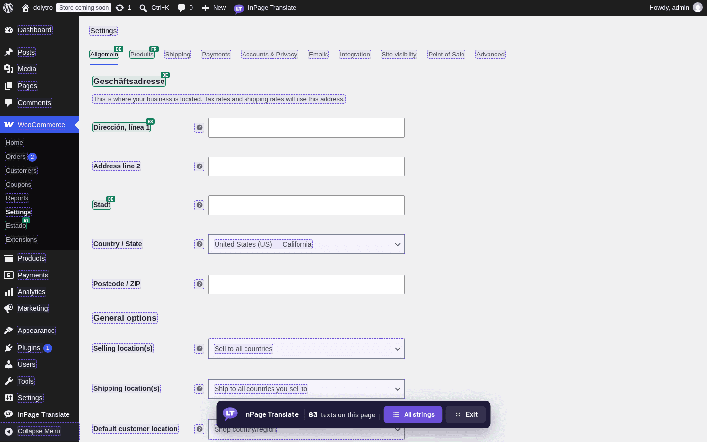 InPage Translate translating the WooCommerce settings screen inside WordPress admin