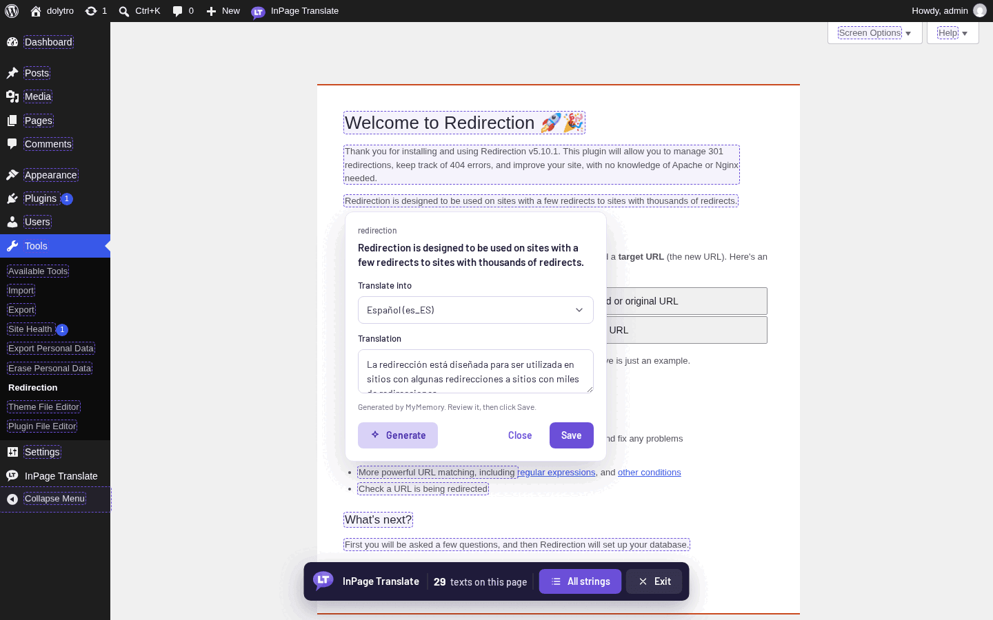 Redirection plugin screen with the editor open: a Spanish draft from MyMemory sits in the text box, ready to review and save.