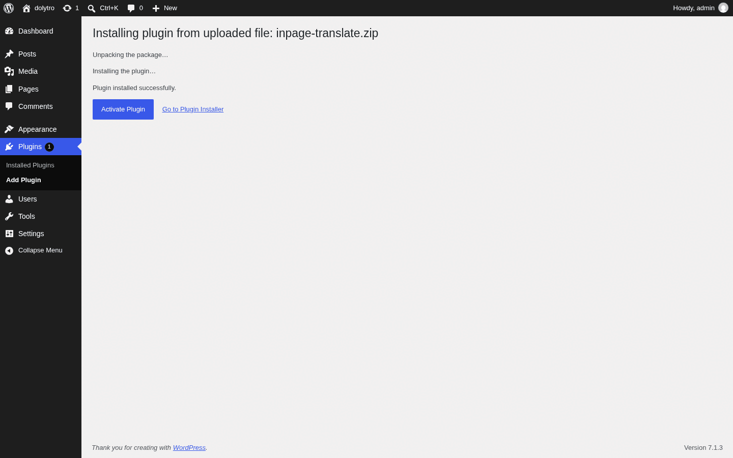 After the upload, click Activate Plugin.