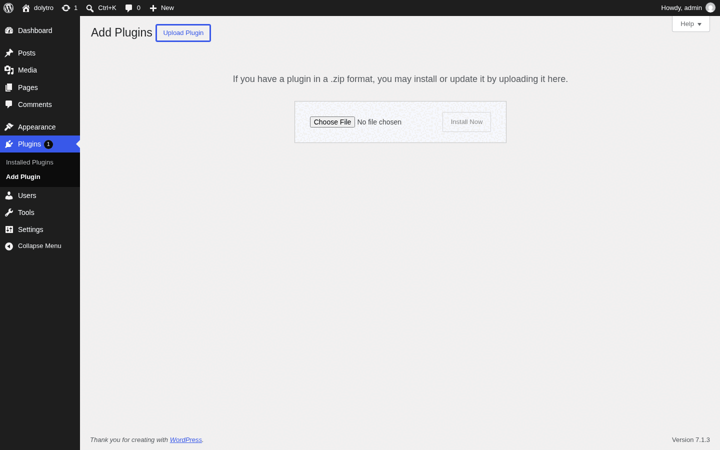 Plugins, Add Plugin, Upload Plugin: choose the zip file, then click Install Now.