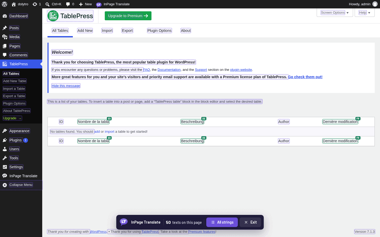 TablePress screen in translate mode: three texts shown in Spanish, German and French, each with its language tag.