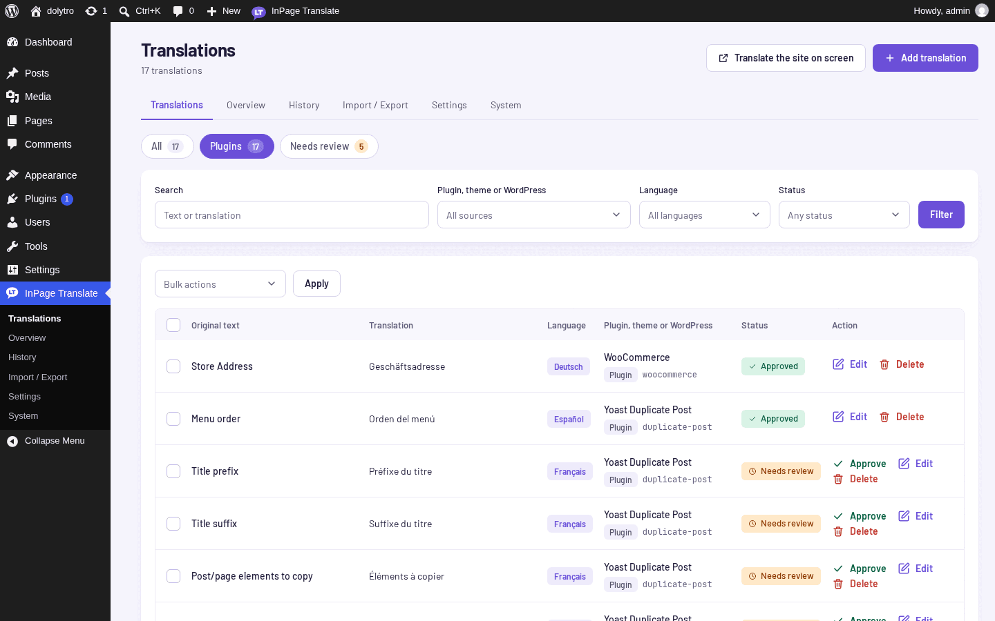 The Translations screen narrowed to Plugins. Each row names the plugin, with a Plugin badge and its text domain.