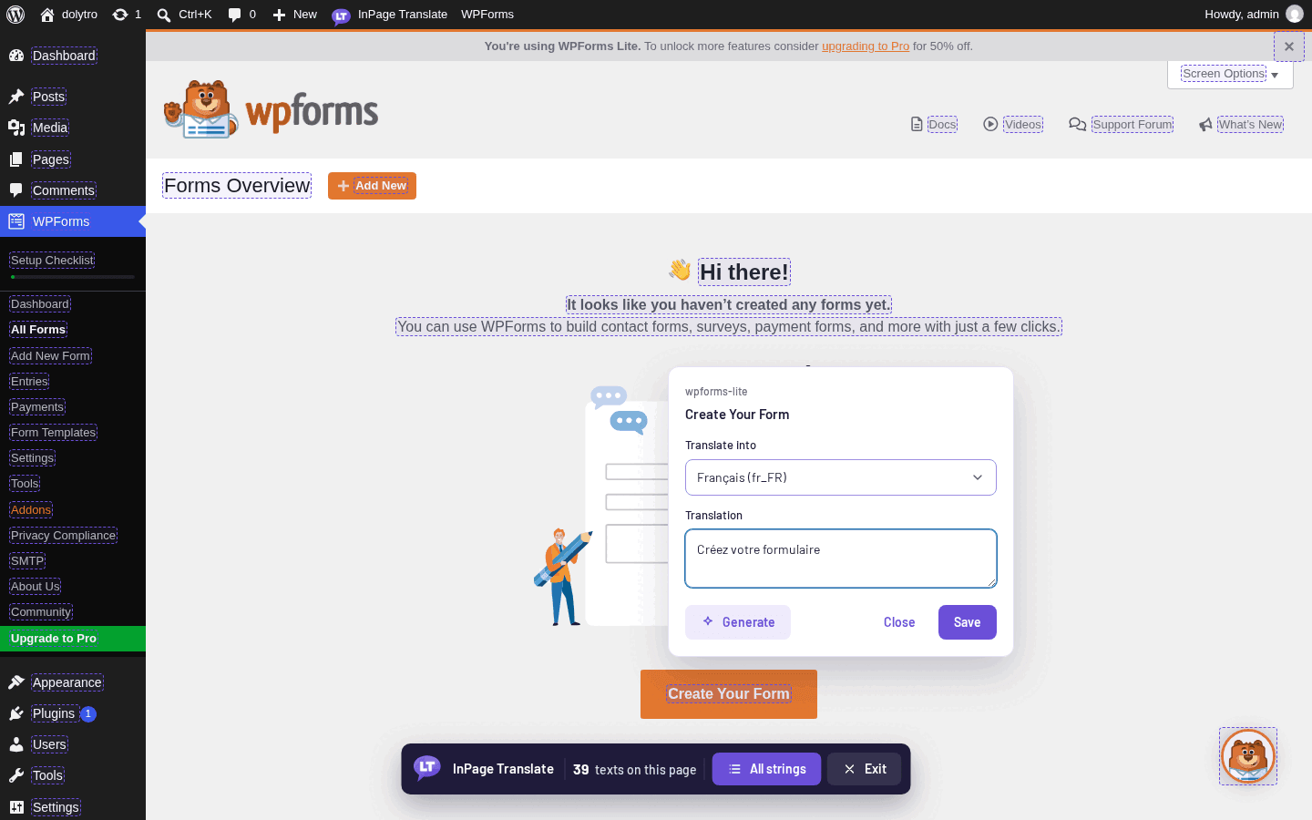 A WordPress plugin screen in translate mode, with the editor open on a button text and a French translation typed in.
