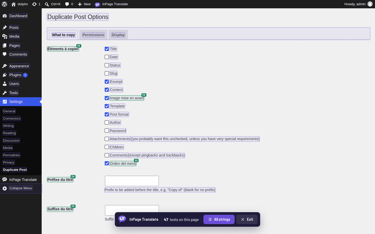 A WordPress plugin screen with translate mode on. Dashed outlines can be translated; green ones already are.