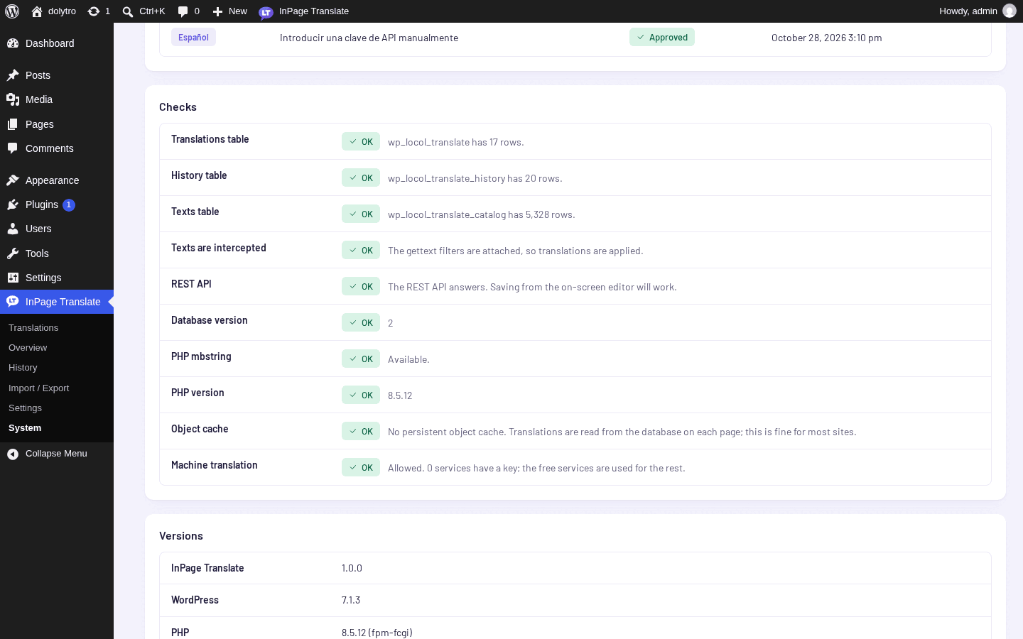 The Checks list on the System screen, with the REST API check showing OK.