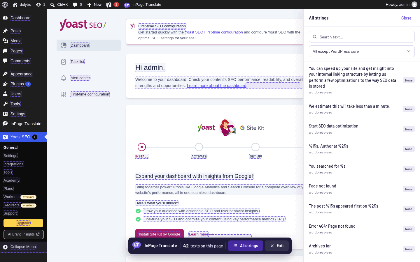 The All strings list on a WordPress plugin screen, with a search box and a text domain filter.