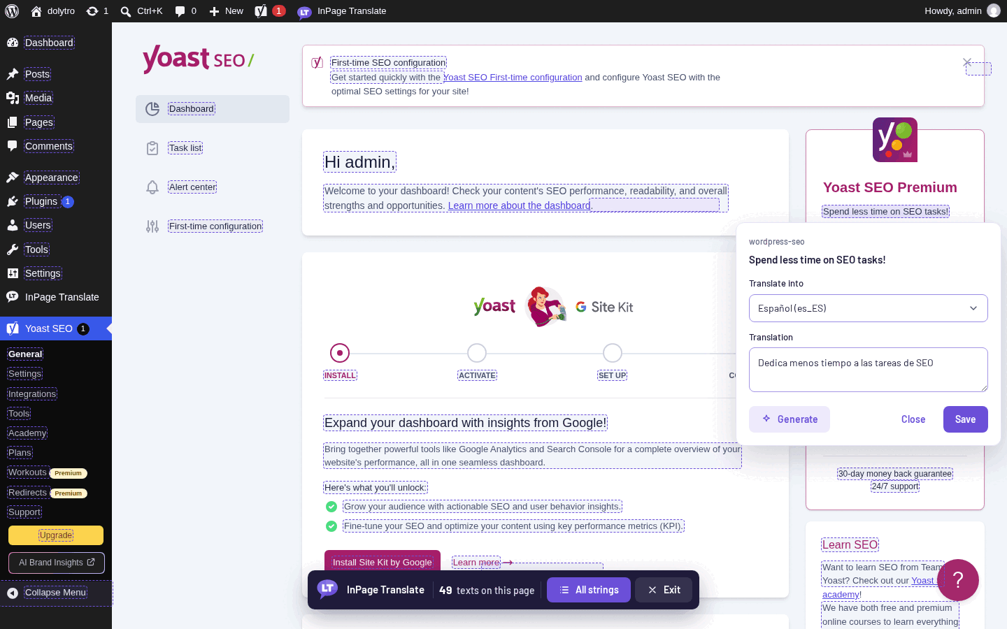 The editor open on a WordPress plugin text, with Spanish chosen and the translation typed in.