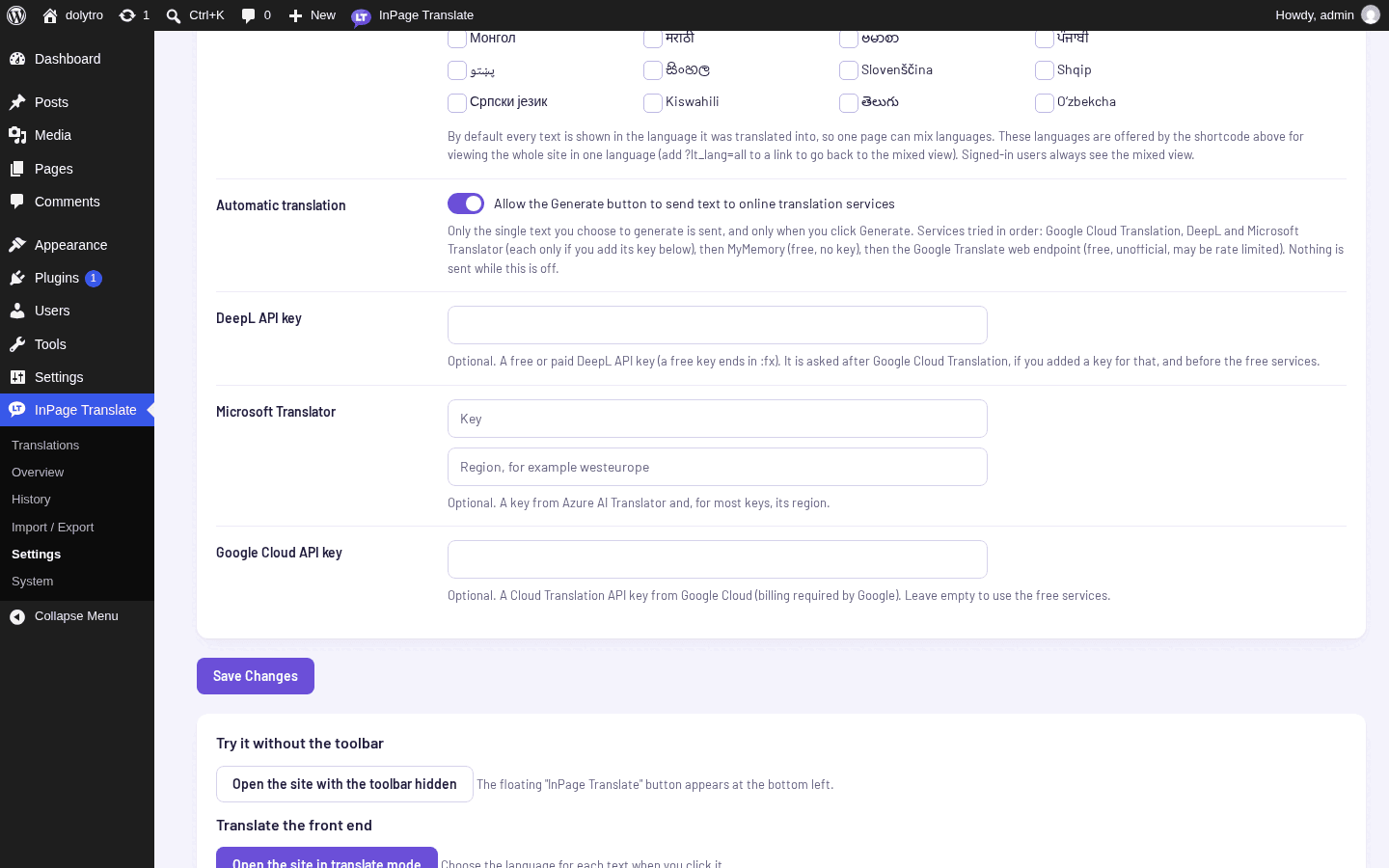The Automatic translation switch and the DeepL, Microsoft Translator and Google Cloud key fields under Settings.