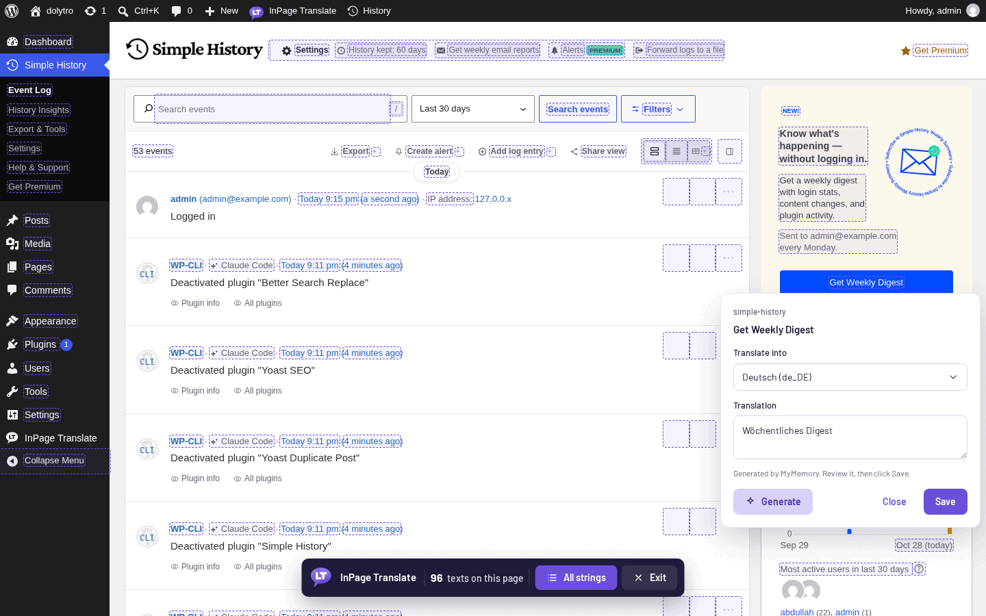 Simple History screen in translate mode: the editor shows a German draft from MyMemory, ready to review and save.