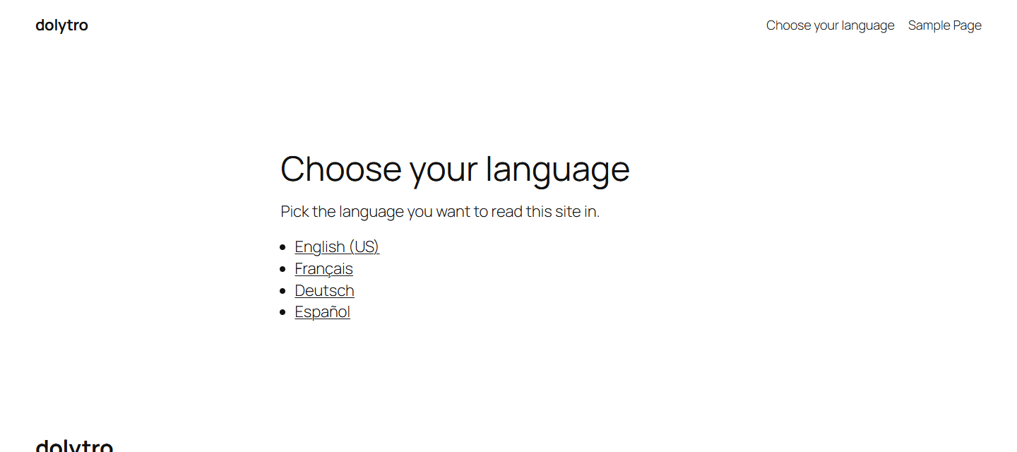A WordPress page with the shortcode: a list with the site language and the three languages that were ticked.